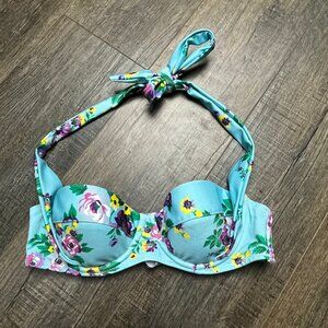 Hell Bunny Vixen Blue Floral Halter Bikini Top Swim Suit ((XS))